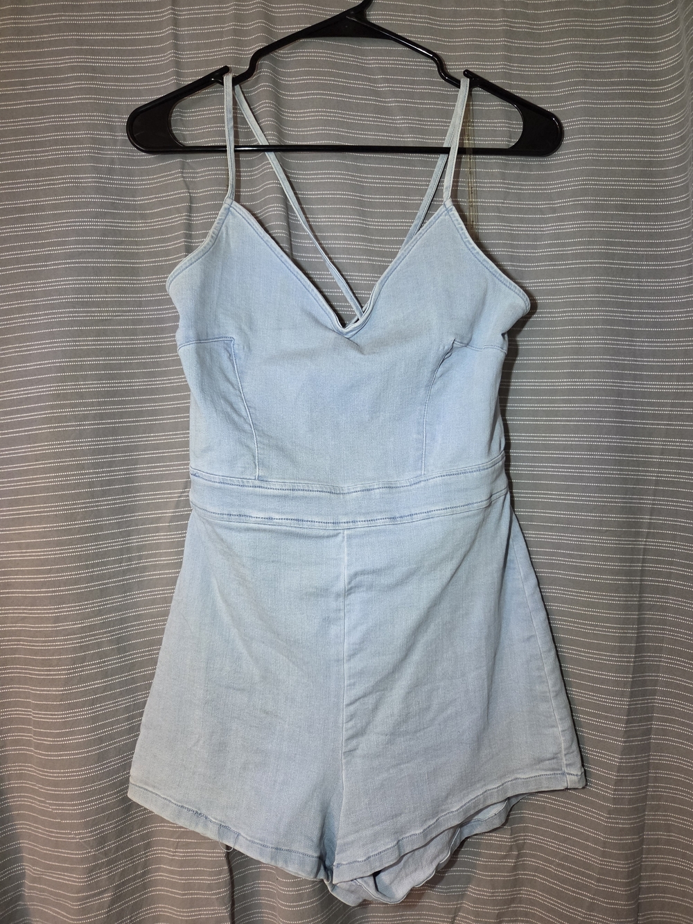 Light Blue Women's Denim Romper with Lace Up Back